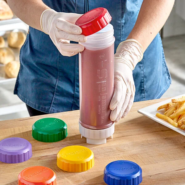 San Jamar 8573CLC Assorted Colors Solid Cap for 24 oz. EZ-KLEEN® Sauce Bottles - 6/Case San Jamar 8573CLC Assorted Colors Solid Cap for 24 oz. EZ-KLEEN® Sauce Bottles - 6/Case