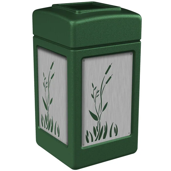Commercial Zone 733960 42 Gallon Green Square Trash Can with Stainless Steel Cattail Panels Commercial Zone 733960 42 Gallon Green Square Trash Can with Stainless Steel Cattail Panels