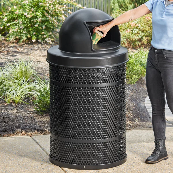 Lancaster Table & Seating 55 Gallon Heavy-Duty Round Black Steel Perforated Outdoor Trash Can with Plastic Dome Lid Lancaster Table & Seating 55 Gallon Heavy-Duty Round Black Steel Perforated Outdoor Trash Can with Plastic Dome Lid