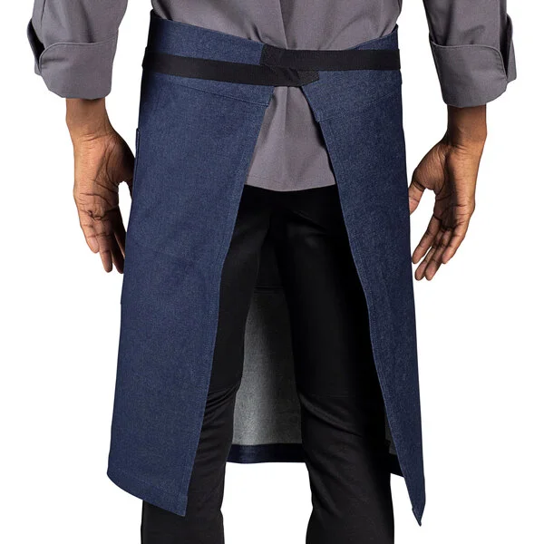 Uncommon Chef 3107 Indigo Customizable 100% Cotton Denim Underground Bistro Apron with Black Webbing and 3 Pockets - 24 Uncommon Chef 3107 Indigo Customizable 100% Cotton Denim Underground Bistro Apron with Black Webbing and 3 Pockets - 24