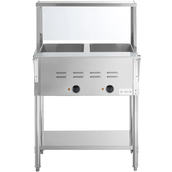 Avantco STE-2SG Two Pan Open Well Electric Steam Table with Undershelf, Overshelf, and Sneeze Guard - 120V, 1000W Avantco STE-2SG Two Pan Open Well Electric Steam Table with Undershelf, Overshelf, and Sneeze Guard - 120V, 1000W