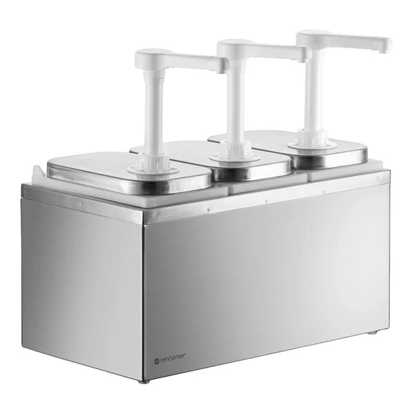 ServSense Triple 2 Qt. Stainless Steel Condiment Dispenser - 3 Plastic Pumps, 1 oz. Portions ServSense Triple 2 Qt. Stainless Steel Condiment Dispenser - 3 Plastic Pumps, 1 oz. Portions