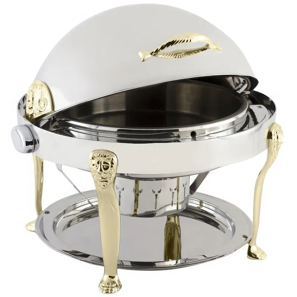 Bon Chef 18000 Elite Round 8 Qt. Dripless Round Stainless Steel with Brass Accents Roll Top Chafer with Lion Legs Bon Chef 18000 Elite Round 8 Qt. Dripless Round Stainless Steel with Brass Accents Roll Top Chafer with Lion Legs