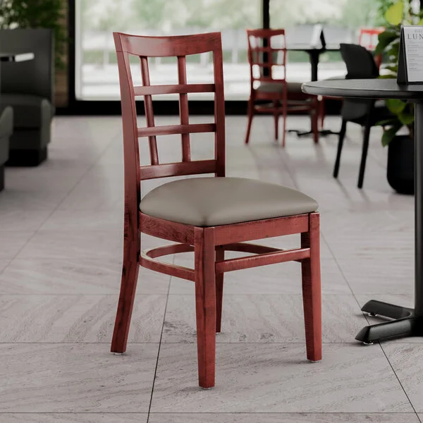 Lancaster Table & Seating Mahogany Finish Wood Window Back Chair with Dark Gray Vinyl Seat - Assembled Lancaster Table & Seating Mahogany Finish Wood Window Back Chair with Dark Gray Vinyl Seat - Assembled