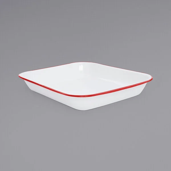 Crow Canyon Home V34RED Vintage 3 Qt. White Enamelware Roasting Pan with Red Rolled Rim Crow Canyon Home V34RED Vintage 3 Qt. White Enamelware Roasting Pan with Red Rolled Rim