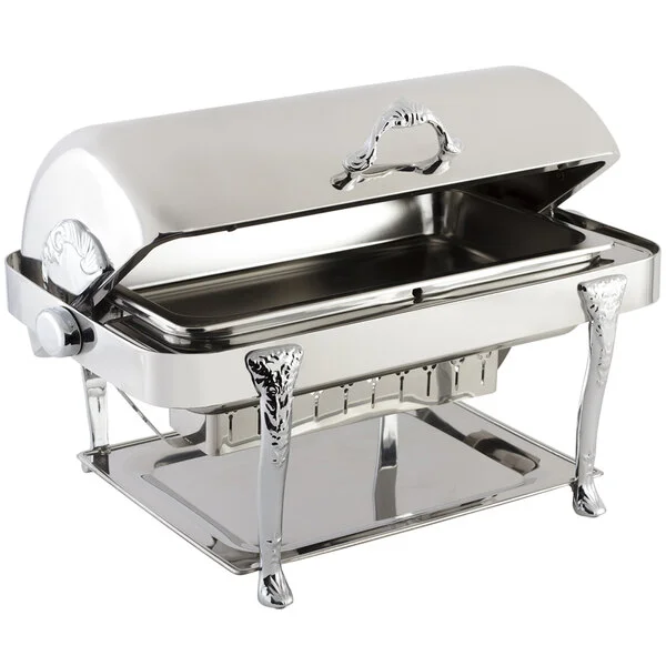 Bon Chef 17040CH Elite Rectangle 8 Qt. Dripless Stainless Steel with Chrome Accents Roll Top Chafer with Renaissance Legs Bon Chef 17040CH Elite Rectangle 8 Qt. Dripless Stainless Steel with Chrome Accents Roll Top Chafer with Renaissance Legs