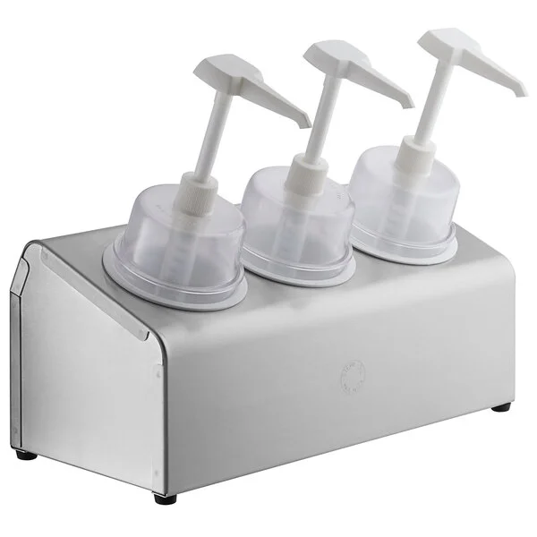 Steril-Sil 30 oz. 3-Compartment Stainless Steel Condiment Dispenser Kit with White Cylinders and Dome Top Pump Lids Steril-Sil 30 oz. 3-Compartment Stainless Steel Condiment Dispenser Kit with White Cylinders and Dome Top Pump Lids