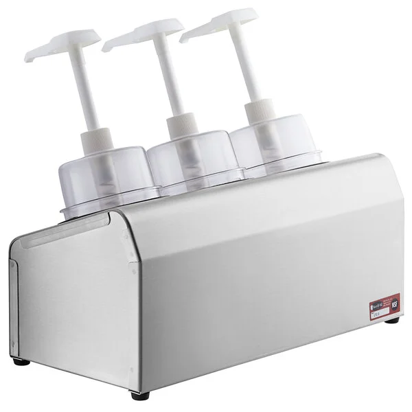 Steril-Sil 30 oz. 3-Compartment Stainless Steel Condiment Dispenser Kit with White Cylinders and Dome Top Pump Lids Steril-Sil 30 oz. 3-Compartment Stainless Steel Condiment Dispenser Kit with White Cylinders and Dome Top Pump Lids