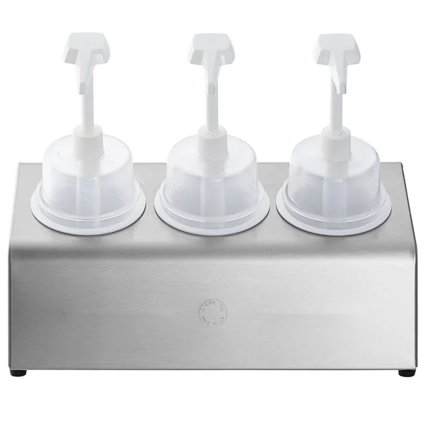 Steril-Sil 30 oz. 3-Compartment Stainless Steel Condiment Dispenser Kit with White Cylinders and Dome Top Pump Lids Steril-Sil 30 oz. 3-Compartment Stainless Steel Condiment Dispenser Kit with White Cylinders and Dome Top Pump Lids