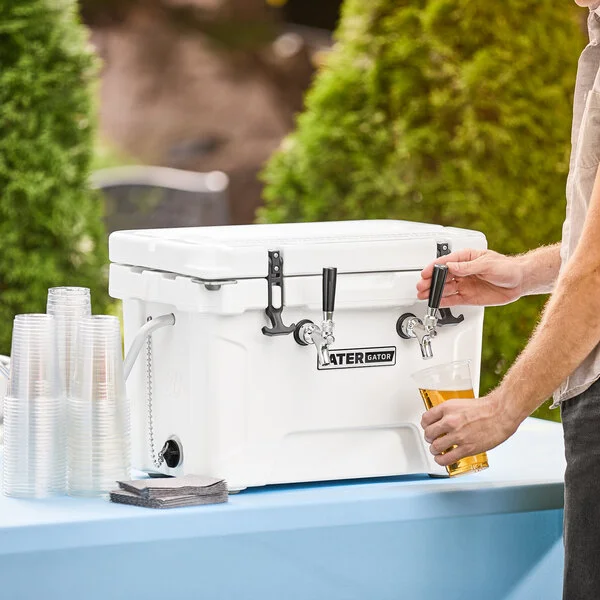 CaterGator JB20WH2 White 2 Faucet 21 Qt. Insulated Jockey Box with 65 ft. Coils CaterGator JB20WH2 White 2 Faucet 21 Qt. Insulated Jockey Box with 65 ft. Coils