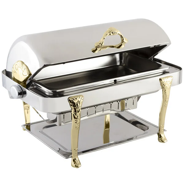 Bon Chef 17040 Elite Rectangle 8 Qt. Dripless Stainless Steel with Brass Accents Roll Top Chafer with Renaissance Legs Bon Chef 17040 Elite Rectangle 8 Qt. Dripless Stainless Steel with Brass Accents Roll Top Chafer with Renaissance Legs