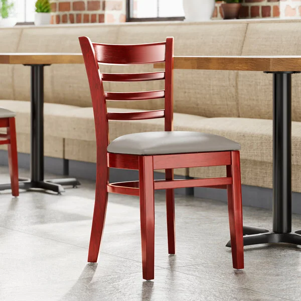 Lancaster Table & Seating Mahogany Finish Wood Ladder Back Chair with Dark Gray Vinyl Seat - Assembled Lancaster Table & Seating Mahogany Finish Wood Ladder Back Chair with Dark Gray Vinyl Seat - Assembled