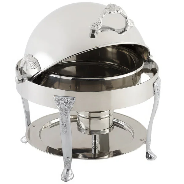 Bon Chef 17014CH Petite 3 Qt. Dripless Round Stainless Steel with Chrome Accents Roll Top Chafer with Renaissance Legs Bon Chef 17014CH Petite 3 Qt. Dripless Round Stainless Steel with Chrome Accents Roll Top Chafer with Renaissance Legs