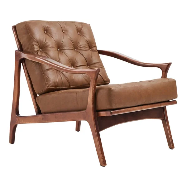 QA Group Mid-Century Modern Brown Faux Leather Oversized Tufted Lordelo Lounge Chair with Natural Wooden Frame QA Group Mid-Century Modern Brown Faux Leather Oversized Tufted Lordelo Lounge Chair with Natural Wooden Frame