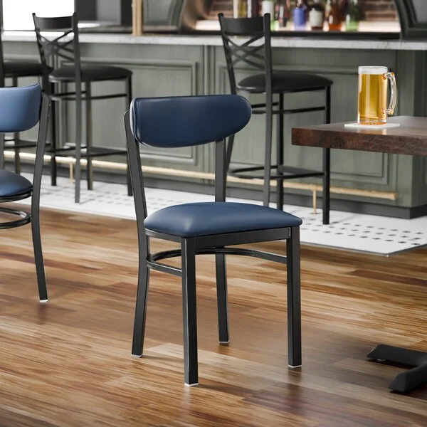 Lancaster Table & Seating Boomerang Black Finish Chair with Navy Vinyl Seat and Back Lancaster Table & Seating Boomerang Black Finish Chair with Navy Vinyl Seat and Back