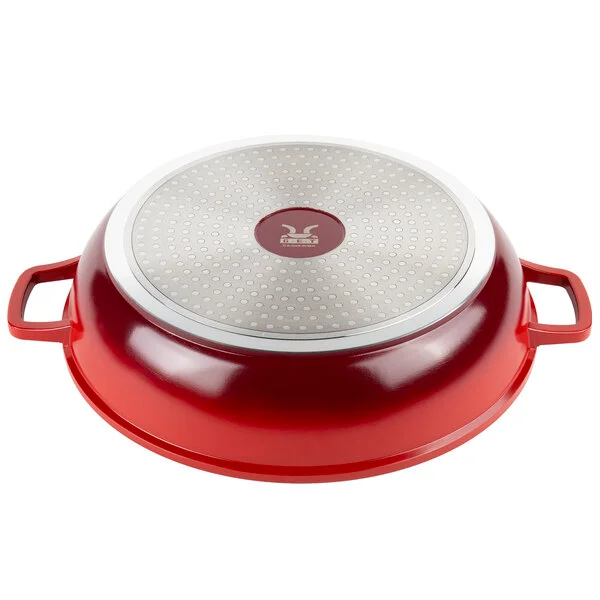 GET Heiss 4.5 Qt. Red Enamel Coated Cast Aluminum Brazier / Paella Dish with Lid CA-008-R/BK/CC GET Heiss 4.5 Qt. Red Enamel Coated Cast Aluminum Brazier / Paella Dish with Lid CA-008-R/BK/CC