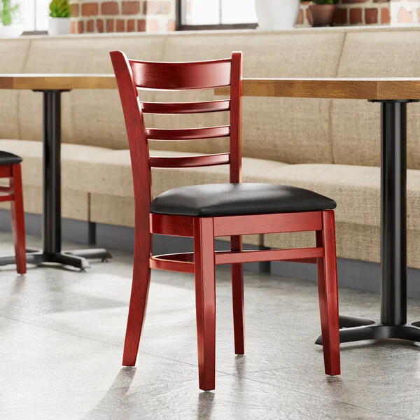 Lancaster Table & Seating Mahogany Finish Wood Ladder Back Chair with Black Vinyl Seat - Detached Seat Lancaster Table & Seating Mahogany Finish Wood Ladder Back Chair with Black Vinyl Seat - Detached Seat