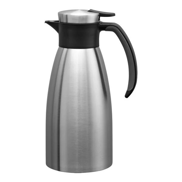 Service Ideas Slim Server 33.8 oz. Stainless Steel Insulated Light Weight Coffee Carafe / Server with Black Push-Button Lid 83710
