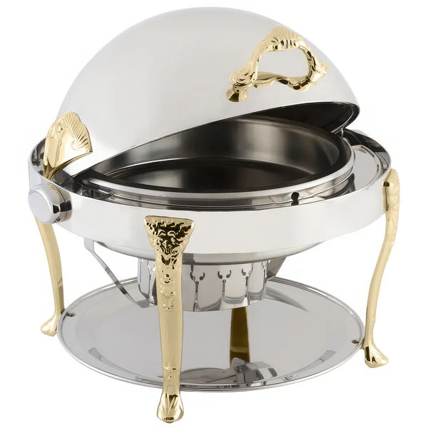 Bon Chef 17000G Elite Round 8 Qt. Dripless Round Stainless Steel with Gold Accents Roll Top Chafer with Renaissance Legs Bon Chef 17000G Elite Round 8 Qt. Dripless Round Stainless Steel with Gold Accents Roll Top Chafer with Renaissance Legs
