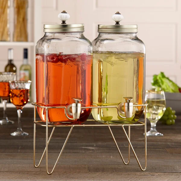 Stylesetter Julian 1.64 Gallon Double Glass Beverage Dispenser Set with Ornamental Top and Gold Wire Stand by Jay Companies Stylesetter Julian 1.64 Gallon Double Glass Beverage Dispenser Set with Ornamental Top and Gold Wire Stand by Jay Companies