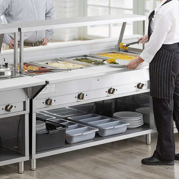 ServIt Four Pan Open Well Electric Steam Table with Partially Enclosed Base and Angled Sneeze Guard - 208/240V, 3000W ServIt Four Pan Open Well Electric Steam Table with Partially Enclosed Base and Angled Sneeze Guard - 208/240V, 3000W