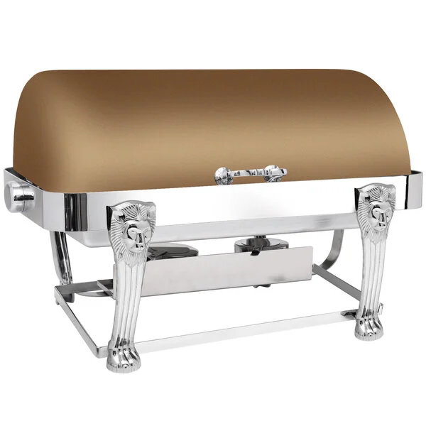 Eastern Tabletop 3114LHRZ Lion Head 8 Qt. Rectangular Bronze Coated Stainless Steel Roll Top Chafer Eastern Tabletop 3114LHRZ Lion Head 8 Qt. Rectangular Bronze Coated Stainless Steel Roll Top Chafer