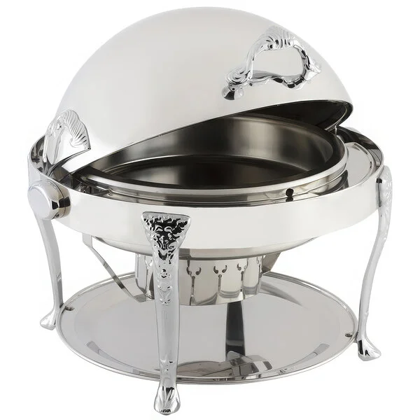 Bon Chef 17000CH Elite Round 8 Qt. Dripless Round Stainless Steel with Chrome Accents Roll Top Chafer with Renaissance Legs Bon Chef 17000CH Elite Round 8 Qt. Dripless Round Stainless Steel with Chrome Accents Roll Top Chafer with Renaissance Legs