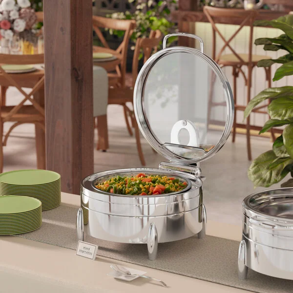 Acopa Manchester 6 Qt. Round Stainless Steel Induction / Traditional Dual Purpose Chafer with Glass Top, Soft Close Lid, and Stand with Fuel Holder