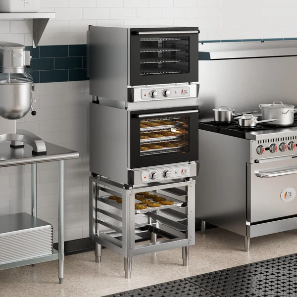 Cooking Performance Group COH-T4-M Double Stacked Electric Thermostatic 4 Tray Half Size Convection Oven with Moisture Injection and Stand - 208-240V Cooking Performance Group COH-T4-M Double Stacked Electric Thermostatic 4 Tray Half Size Convection Oven with Moisture Injection and Stand - 208-240V