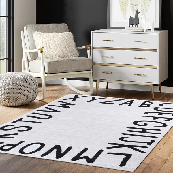 Abani Parker Collection 4' x 6' Cream / Black Contemporary Alphabet Area Rug Abani Parker Collection 4' x 6' Cream / Black Contemporary Alphabet Area Rug