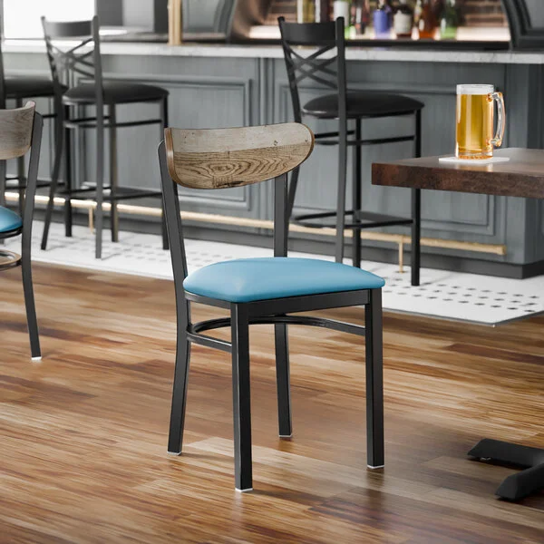 Lancaster Table & Seating Boomerang Black Finish Chair with Blue Vinyl Seat and Driftwood Back Lancaster Table & Seating Boomerang Black Finish Chair with Blue Vinyl Seat and Driftwood Back