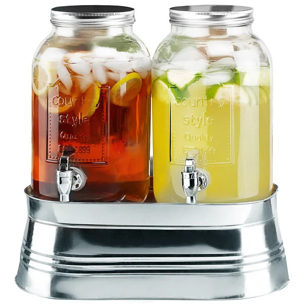Stylesetter Classic Farmhouse 1 Gallon Double Glass Beverage Dispenser with Galvanized Metal Base by Jay Companies Stylesetter Classic Farmhouse 1 Gallon Double Glass Beverage Dispenser with Galvanized Metal Base by Jay Companies