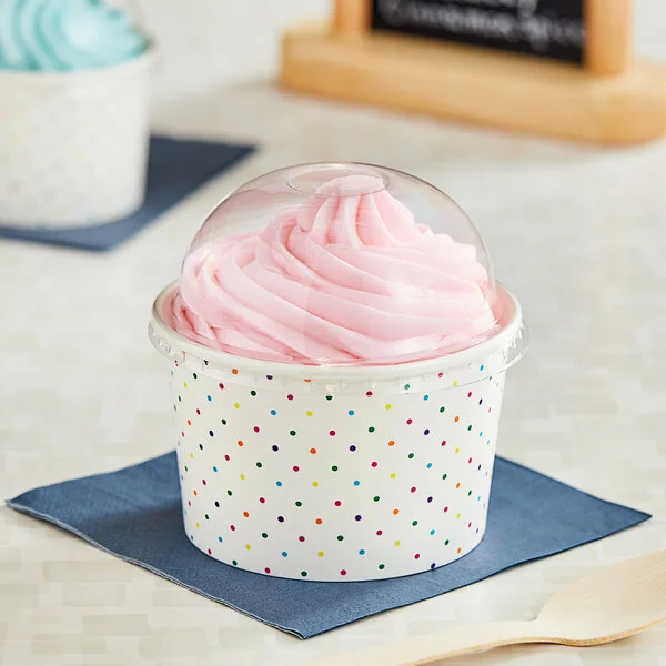 Choice 8 oz. Polka Dot Paper Frozen Yogurt / Food Cup with Dome Lid - 50/Case
