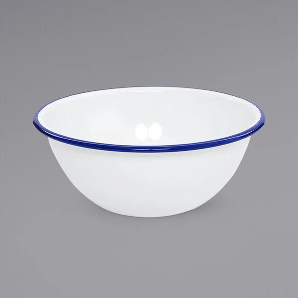 Crow Canyon Home V18BLU Vintage 2 Qt. White Round Enamelware Bowl with Blue Rolled Rim