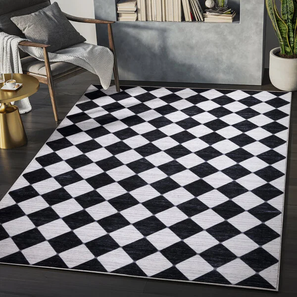 Abani Parker Collection 2' x 5' Cream / Black Modern Diamond Checkered Area Rug Abani Parker Collection 2' x 5' Cream / Black Modern Diamond Checkered Area Rug