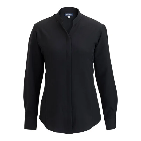 Edwards 5399 FlexBatiste Women's Customizable Black Long Sleeve Moisture-Wicking 4-Way Stretch Batiste Dress Shirt with Stand-Up Collar - S