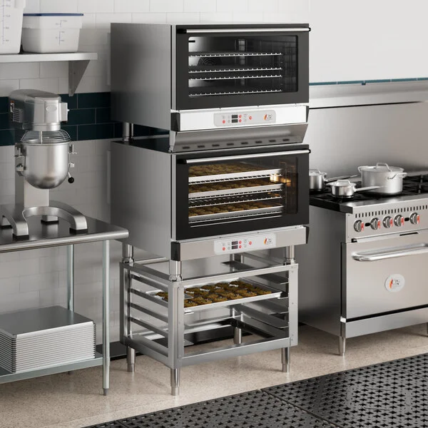 Cooking Performance Group COF-D4-M Double Stacked Electric Digital 4 Tray Full Size Convection Oven with Moisture Injection and Stand - 208-240V Cooking Performance Group COF-D4-M Double Stacked Electric Digital 4 Tray Full Size Convection Oven with Moisture Injection and Stand - 208-240V
