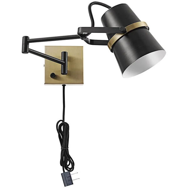 Globe Industrial Matte Black / Antique Brass Plug-In or Hardwire Wall Sconce with Swing Arm - 120V, 60W Globe Industrial Matte Black / Antique Brass Plug-In or Hardwire Wall Sconce with Swing Arm - 120V, 60W
