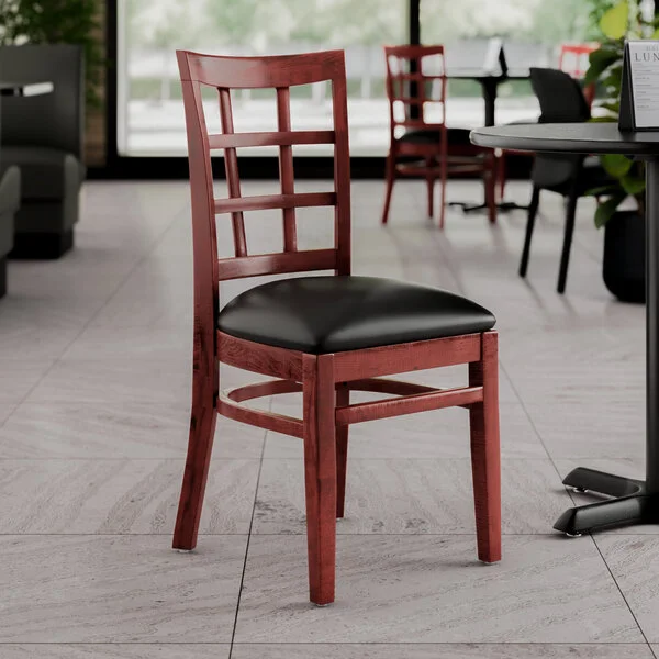 Lancaster Table & Seating Mahogany Finish Wood Window Back Chair with Black Vinyl Seat - Detached Seat Lancaster Table & Seating Mahogany Finish Wood Window Back Chair with Black Vinyl Seat - Detached Seat