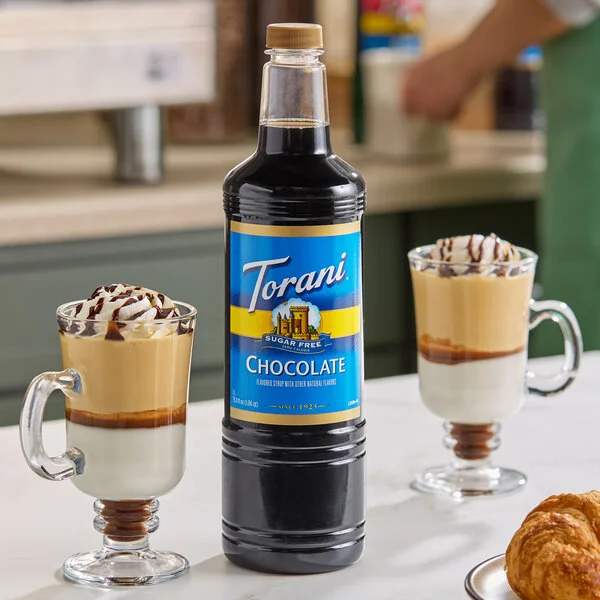 Torani Sugar-Free Chocolate Flavoring Syrup Plastic Bottle 1 Liter - 6/Case
