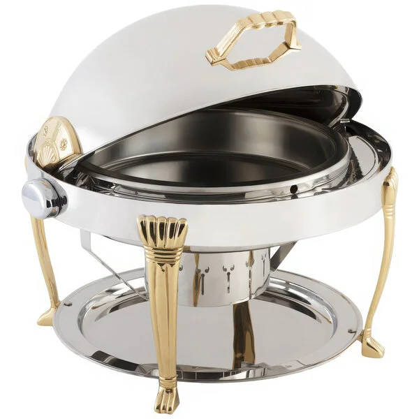 Bon Chef 14009 Elite Round 8 Qt. Dripless Stainless Steel with 24K Gold Accents Roll Top Chafer with Aurora Legs Bon Chef 14009 Elite Round 8 Qt. Dripless Stainless Steel with 24K Gold Accents Roll Top Chafer with Aurora Legs