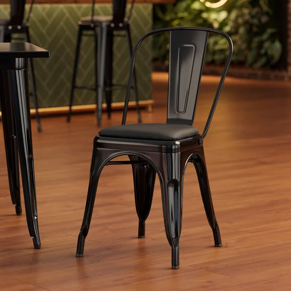 Lancaster Table & Seating Alloy Onyx Black Indoor Cafe Chair with Onyx Black Vinyl Cushion Lancaster Table & Seating Alloy Onyx Black Indoor Cafe Chair with Onyx Black Vinyl Cushion