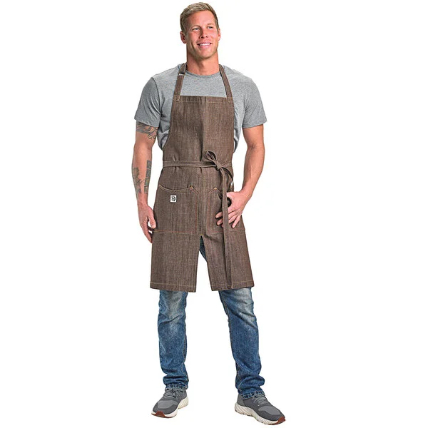 Mercer Culinary M63203BRN Metro Edge Zephyr Brown Cotton Denim Bib Apron with Adjustable Neck, Split Front, and 2 Pockets - 34 Mercer Culinary M63203BRN Metro Edge Zephyr Brown Cotton Denim Bib Apron with Adjustable Neck, Split Front, and 2 Pockets - 34