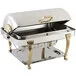 Bon Chef 12040 Elite Rectangle 8 Qt. Dripless Stainless Steel with Brass Accents Roll Top Chafer with Aurora Legs Bon Chef 12040 Elite Rectangle 8 Qt. Dripless Stainless Steel with Brass Accents Roll Top Chafer with Aurora Legs