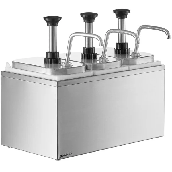 ServSense Triple 2 Qt. Stainless Steel Condiment Dispenser - 3 Stainless Steel Pumps with Adjustable Portion Control ServSense Triple 2 Qt. Stainless Steel Condiment Dispenser - 3 Stainless Steel Pumps with Adjustable Portion Control