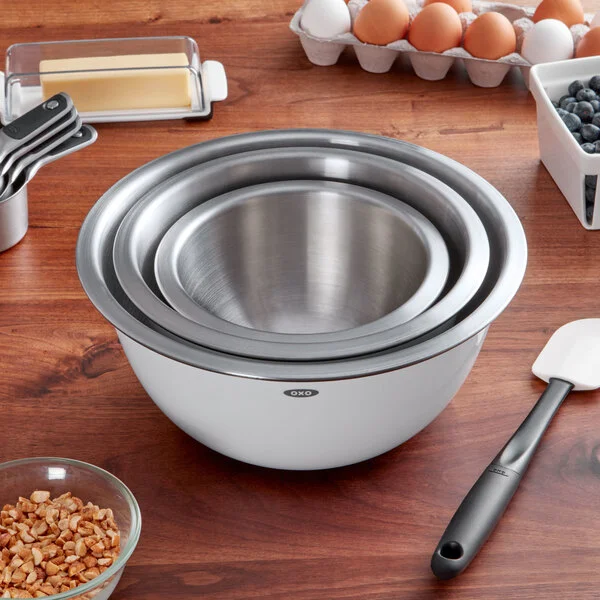 OXO 1107600 Good Grips 3-Piece White Insulated Heavy Duty Stainless Steel Mixing Bowl Set with Non-Slip Bases - 3/Set