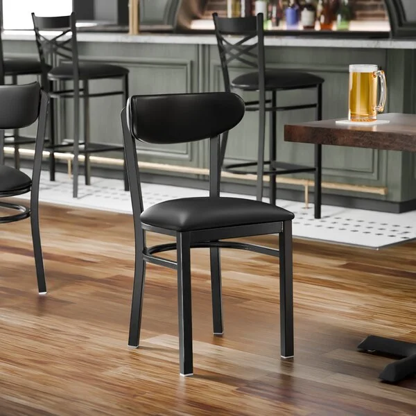 Lancaster Table & Seating Boomerang Black Finish Chair with Black Vinyl Seat and Back Lancaster Table & Seating Boomerang Black Finish Chair with Black Vinyl Seat and Back