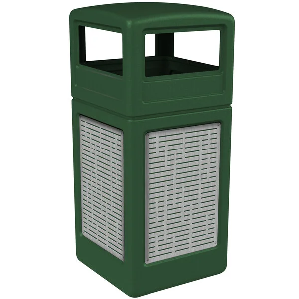 Commercial Zone 732906099 42 Gallon Green Square Trash Can with Stainless Steel Horizontal Line Panels and Dome Lid