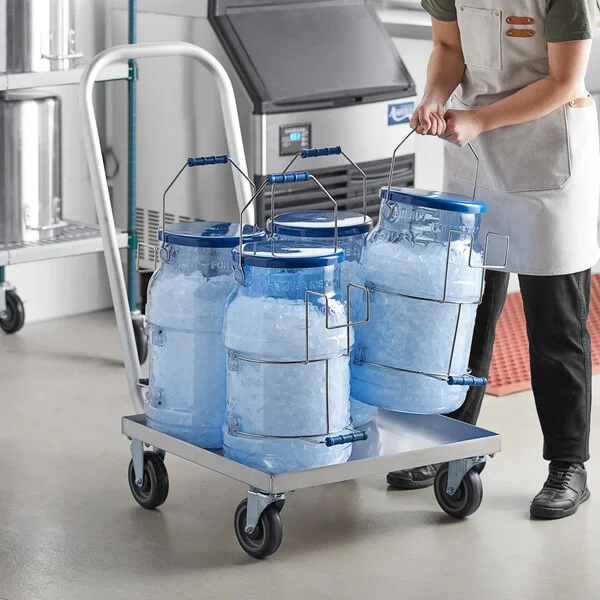 Vigor 100 lb. Round Ice Tote Transport Set with 4 Ice Totes and Aluminum Dolly Vigor 100 lb. Round Ice Tote Transport Set with 4 Ice Totes and Aluminum Dolly