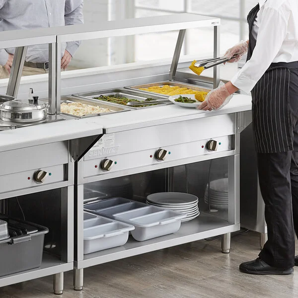 ServIt Three Pan Open Well Electric Steam Table with Partially Enclosed Base and Angled Sneeze Guard - 120V, 1500W